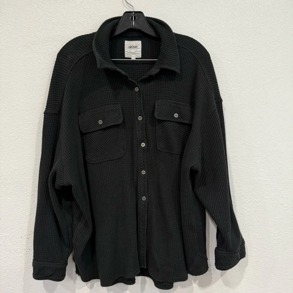 Aerie Lumberjane Waffle Shirt Black Women’s Size Medium - Picture 2 of 4